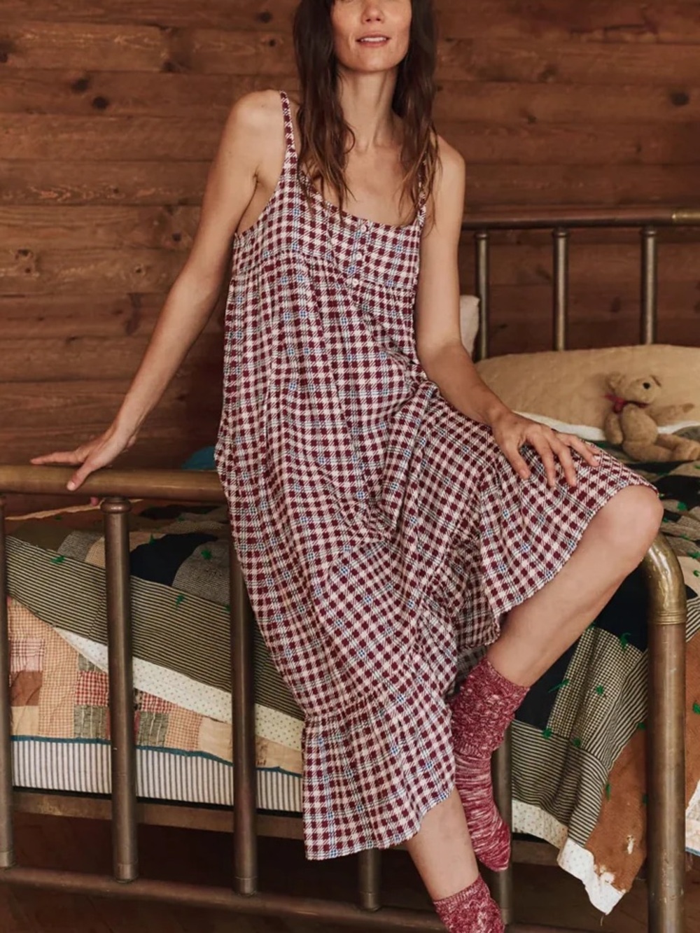 The Great. sleep ruffle tank night dress in bordeaux plaid